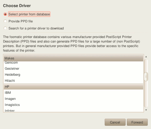 'Makes' dialog for adding a printer in Ubuntu