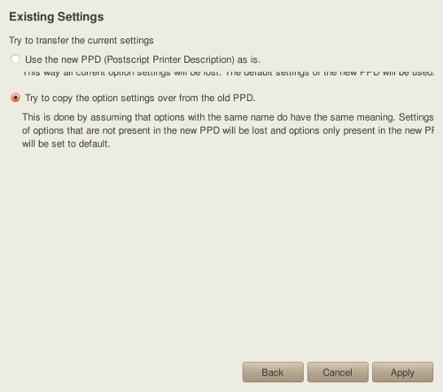 Copy the option settings over from the old PPD