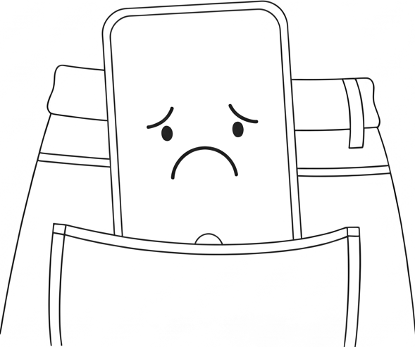 A line drawing of a mobile phone in a pocket, with a sad face.